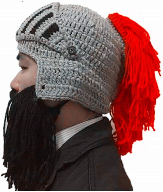 BIBITIME Cosplay Roman Knight Knitted Helmet with Beard Tassel Hat Visor Beanie Winter Ski Sports Warmer Cap (Black Beard Red Tassel, One Size)