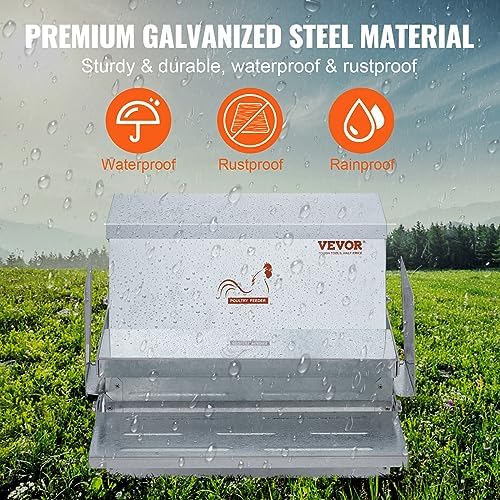 VEVOR Poultry Feeder, 25lbs Capacity, Feed Chicken Feeder with Lid & Lock, Outdoor Coop Food Dispenser, No Waste, Weatherproof Galvanized Metal Feeder for Ducks, Geese