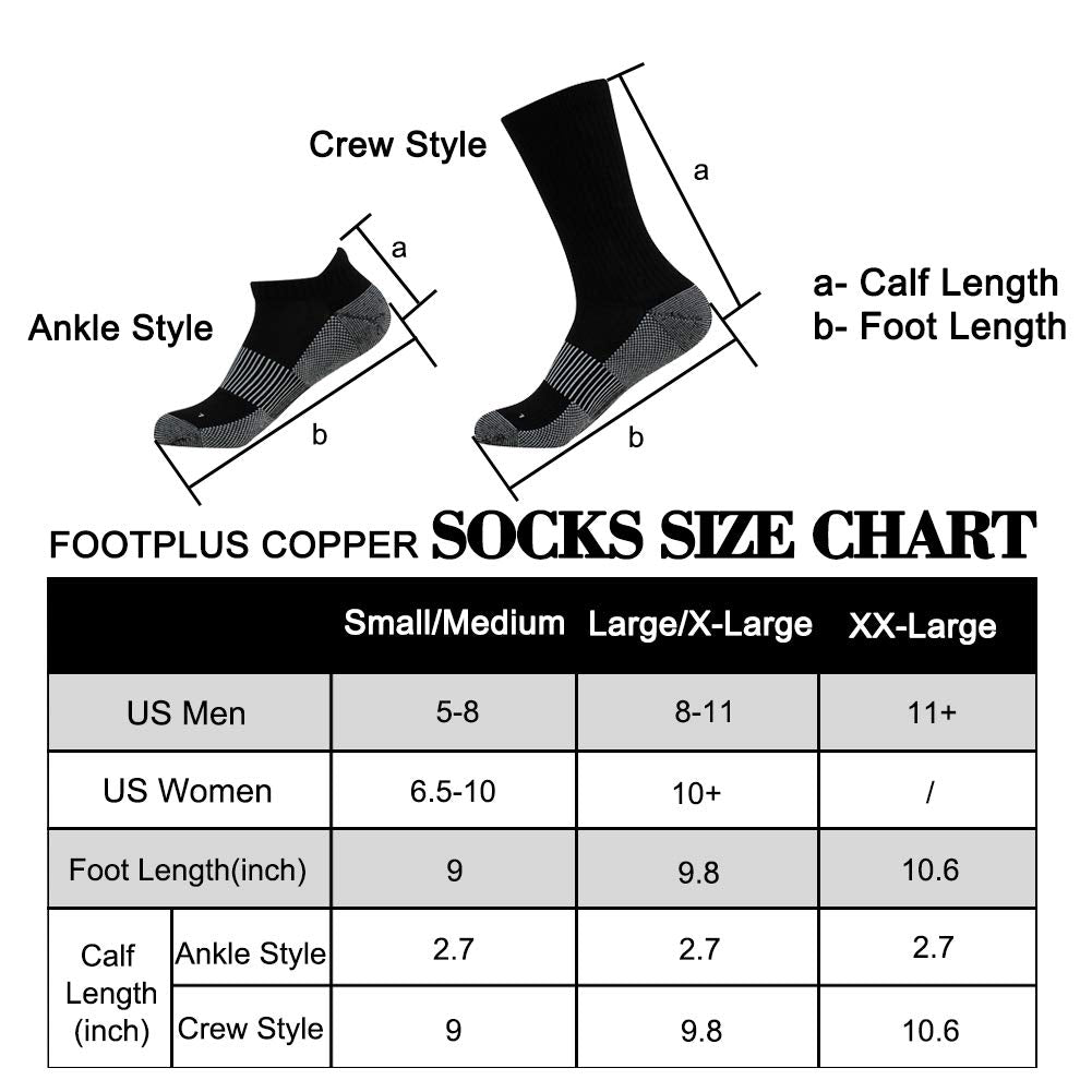 FOOTPLUS Running Hiking Tennis Socks,Winter Thick Mens Womens Boys Girls Copper Odor Free Ankle Athletic Golf Cushioned Sole Wicking Moisture Compression Socks,3 White& 3 Black, Medium