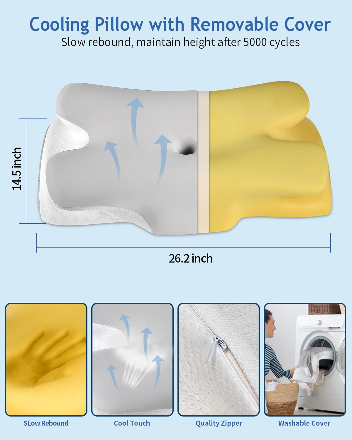 Tujami Cervical Neck Pillow for Neck Shoulder Pain Relief, Soft Contour Side Sleeper Pillow of 2 Heights, Odorless Cooling Memory Foam Orthopedic Bed Pillow for Back Stomach Sleeper