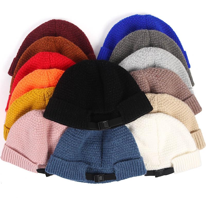 Mens Brimless Hats Docker Beanie Skull Caps Unisex Winter Warm Beanie Adjustable Leather Buckle Street (A~Black)