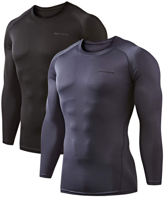 DEVOPS 2 Pack Men's Thermal Long Sleeve Compression Shirts (2X-Large, Black/Charcoal)