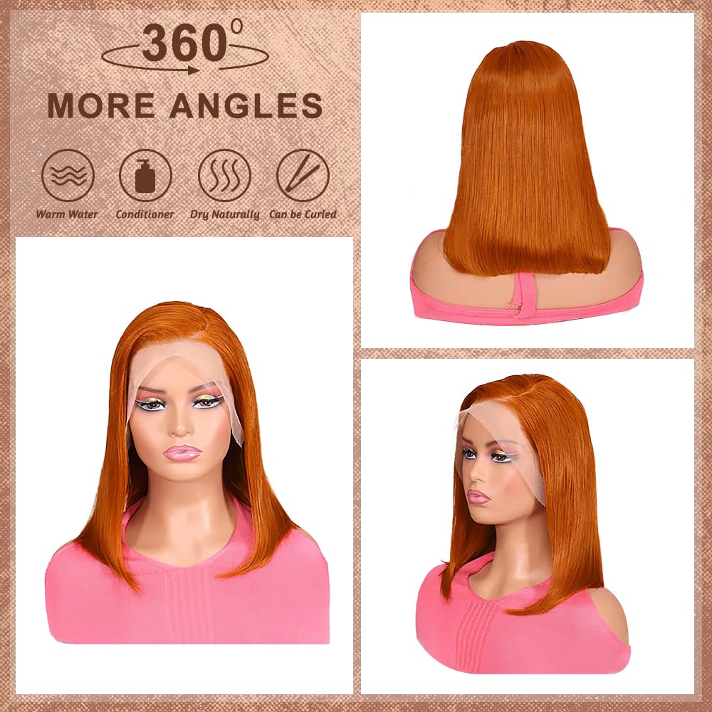 EAGERA Ginger Bob Lace Front Wig Human Hair 8 Inch 13x4 Orange HD Lace Closure Human Hair Wig Pre Plucked with Baby Hair Short Ginger Straight Bob Colored Wig Human 180% Density for Women