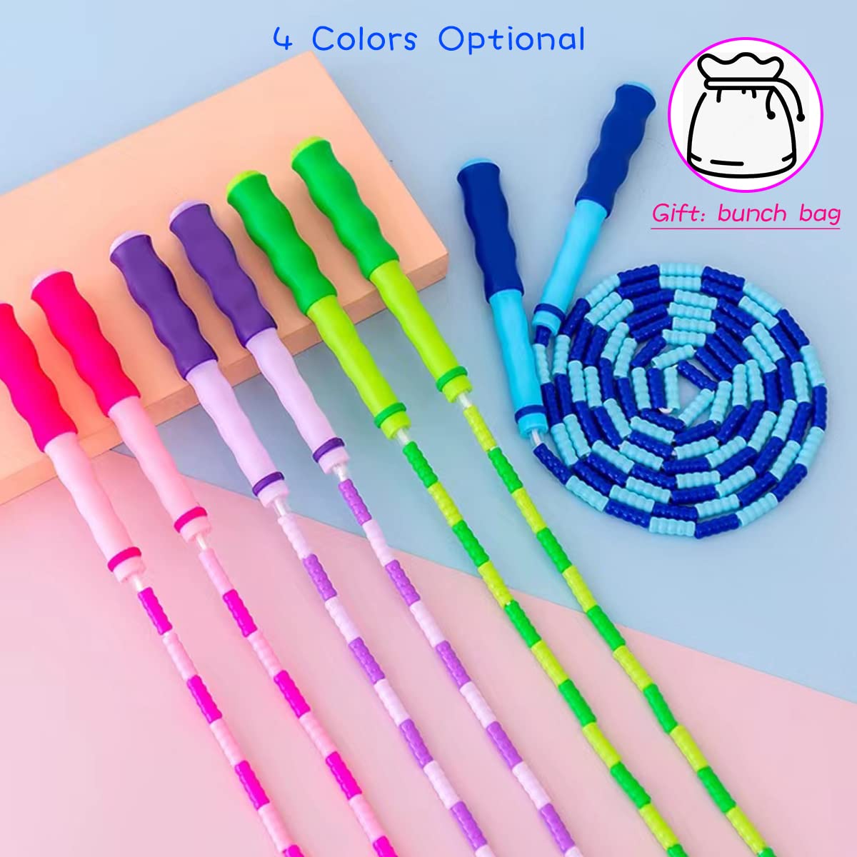 TYSISKNO 3 Pack Jump Rope for Kids Girls and Boys, Soft Beaded Jump Ropes, Adjustable Skipping Rope, Workout and Weight Loss,9.2Ft(Blue&Green&Purple)