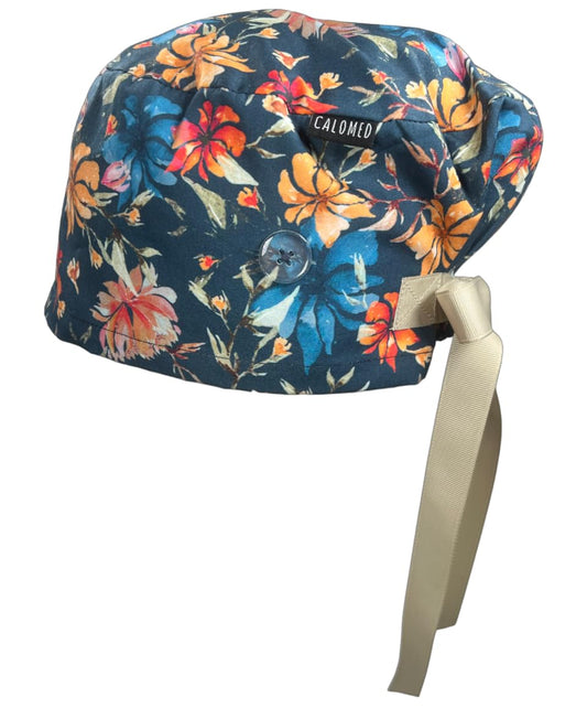 CALOMED Scrub Cap for Women, Euro Style Scrub Caps, Working Hat, Head Cover with Ribbons and Buttons, Long or Short Hair (Winter Color Hibiscus)