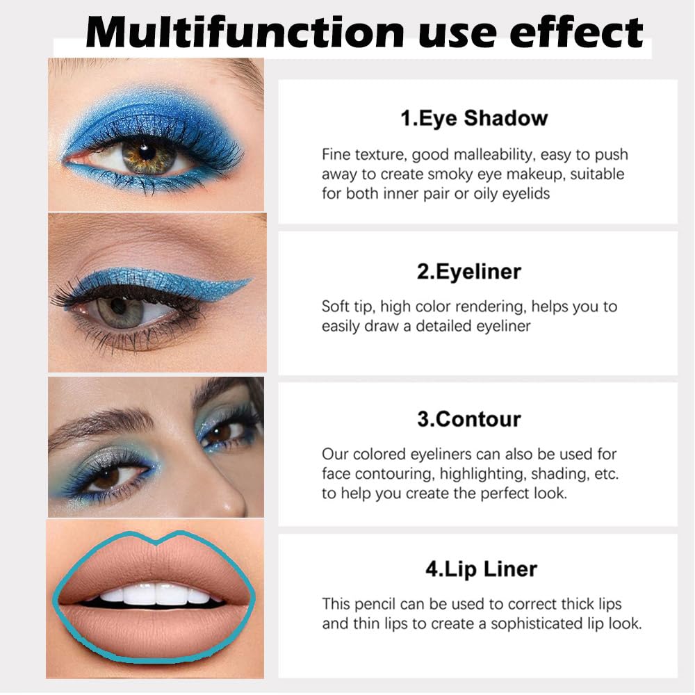 evpct 3Pcs Sky Blue & Sea Blue & Blue-green Gel Glitter Eyeliner Pencils Set for Women, Waterproof Smudge Proof lapiz de ojos delineador de ojos contra el agua Eye Liner Makeup 09 11 15