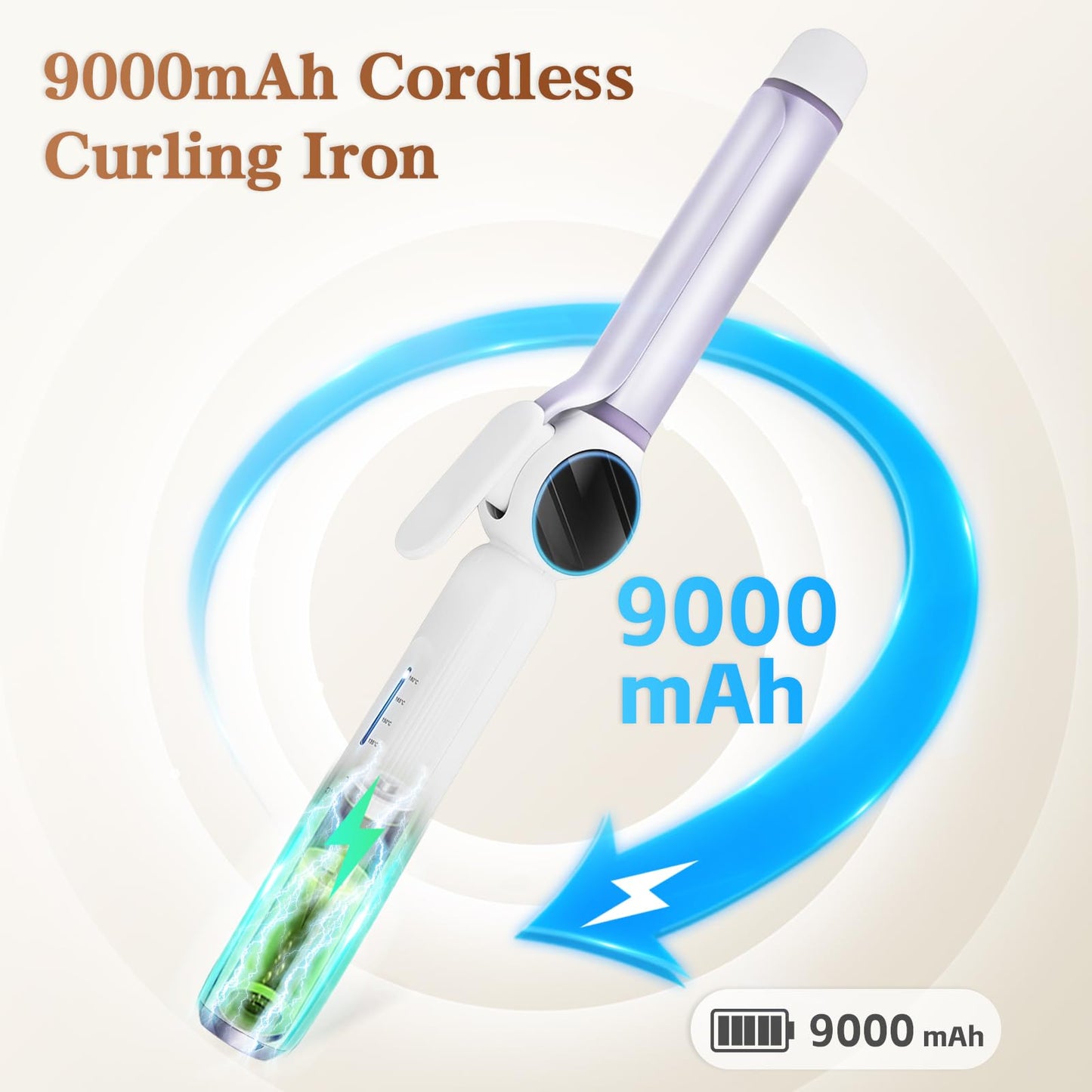 9000 mAh Rechargeable Cordless Curling Iron, Up to 400°F USB 28MM Cordless Hair Curlers Wireless Curling Wand with 4 Temps, 80 Mins Use Time Portable Ceramic Travel Curling Iron for Short & Long Hair