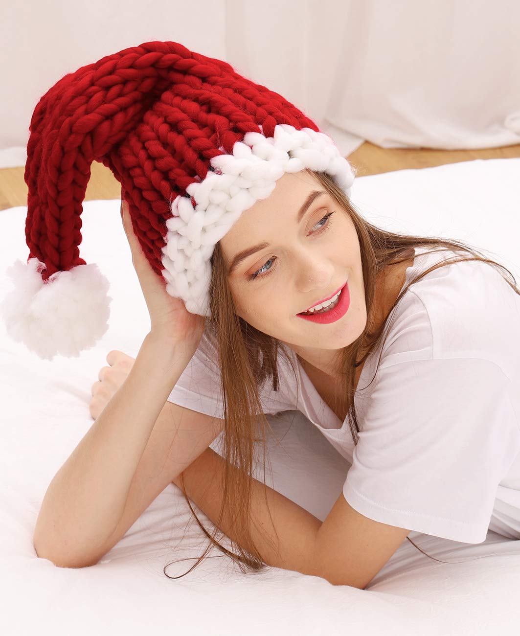 Caistre Santa's Hat Womens Beanie Winter Hat Soft Slouchy Warm Knit Skull Cap Christmas Hat (Red2, Free)