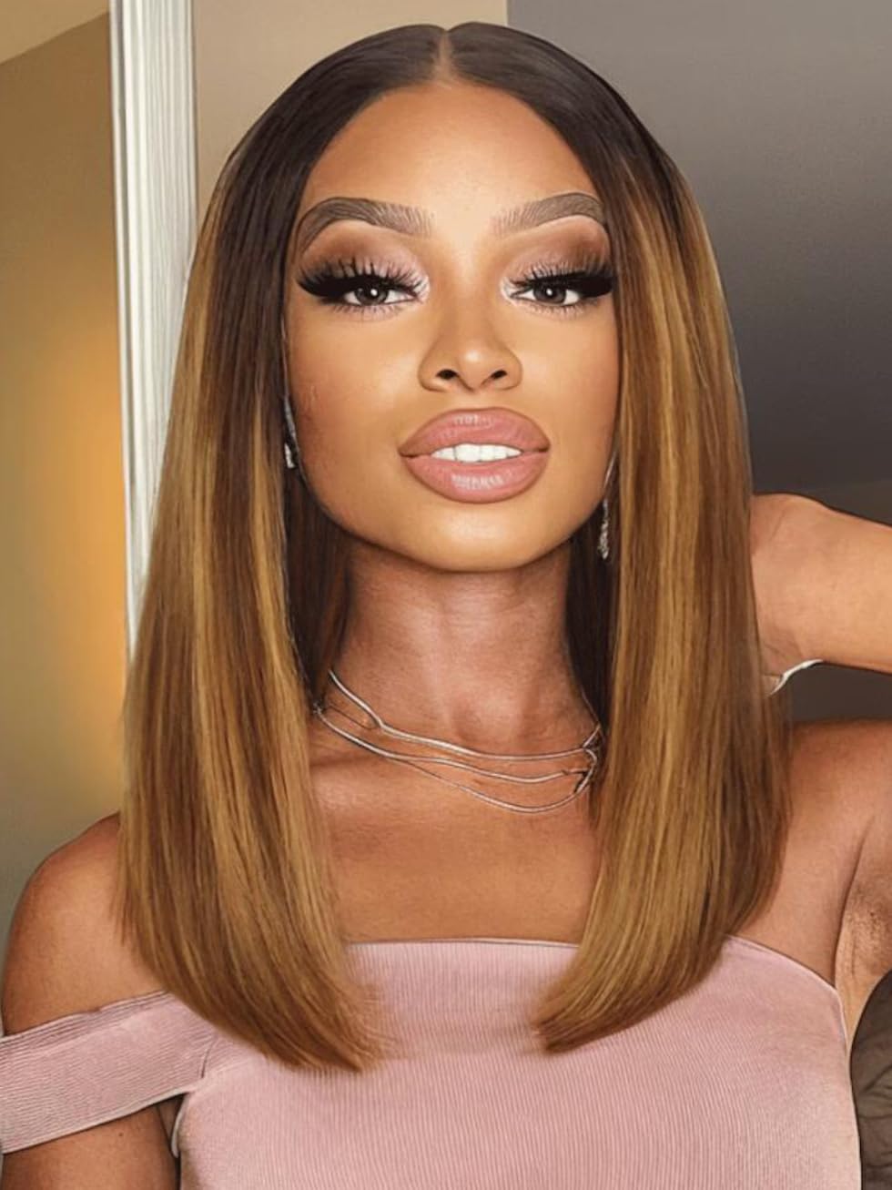 UNICE Bye Bye Knots Glueless 7x5 HD Lace Front Wigs Human Hair Pre Plucked Pre Cut Bleached Knots Dark Roots Brown Blonde Highlight Blunt Bob Wigs Natural Looking 150% Density 10 inch