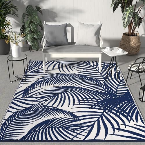 GENIMO Outdoor Rug 5' x 8' Waterproof for Patio Clearance, Reversible Plastic Straw Camping Carpet, Lightweight Mats for Rv, Backyard, Deck, Porch, Picnic, Beach, Balcony, Blue & White