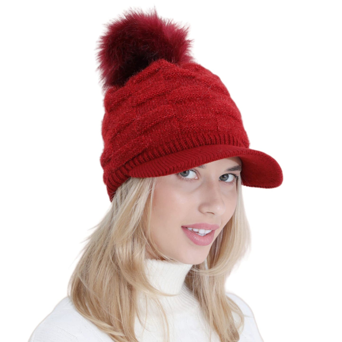 Caviotess Winter Women Girls Knitted Hats Warm Knit Snow Ski Visor Beanie Skull Cap with Faux Fur Pom Pom Ball
