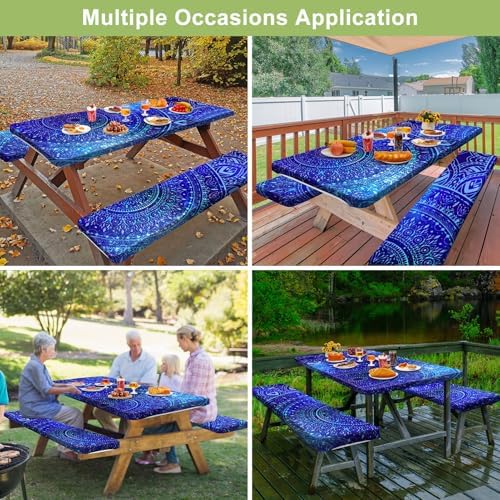 Picnic Table Cover with Bench Covers Camping Essentials Waterproof Windproof Camping Tablecloth with Drawstring Bag, Fitted Rectangle Tables and Seats, 72in, Blue Purple