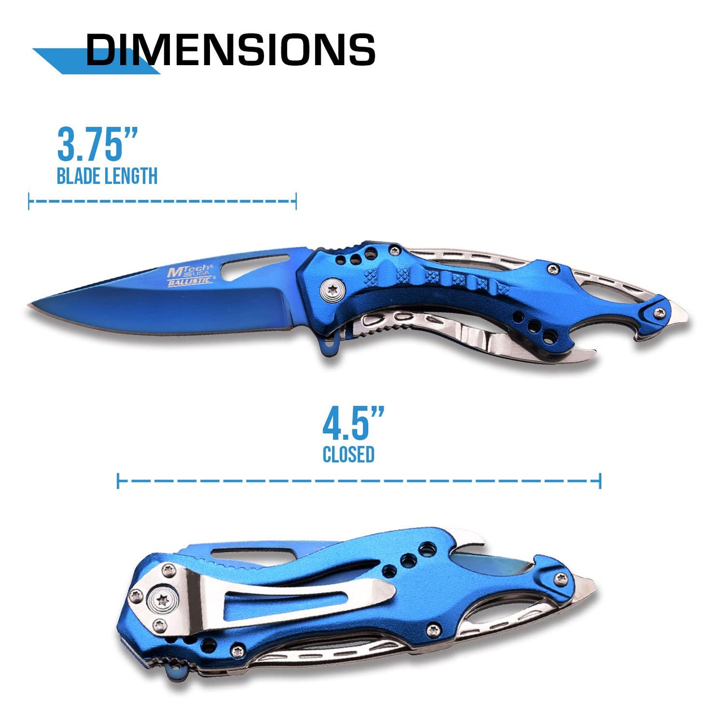 MTech USA – Spring Assisted Folding Knife – Blue TiNite Coated Fine Edge Stainless Steel Blade, Blue Aluminum Handle, Pocket Clip, Tactical, EDC, Self Defense- MT-A705SBL,Blue/Silver