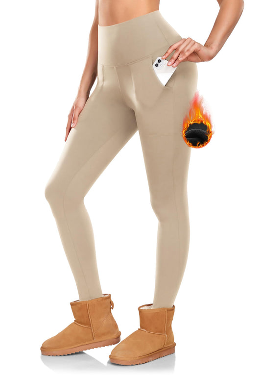 DHSO Fleece Lined Leggings Women with Pockets-Thermal High Waisted Tummy Control Warm Winter Workout Yoga Pants Light Khaki
