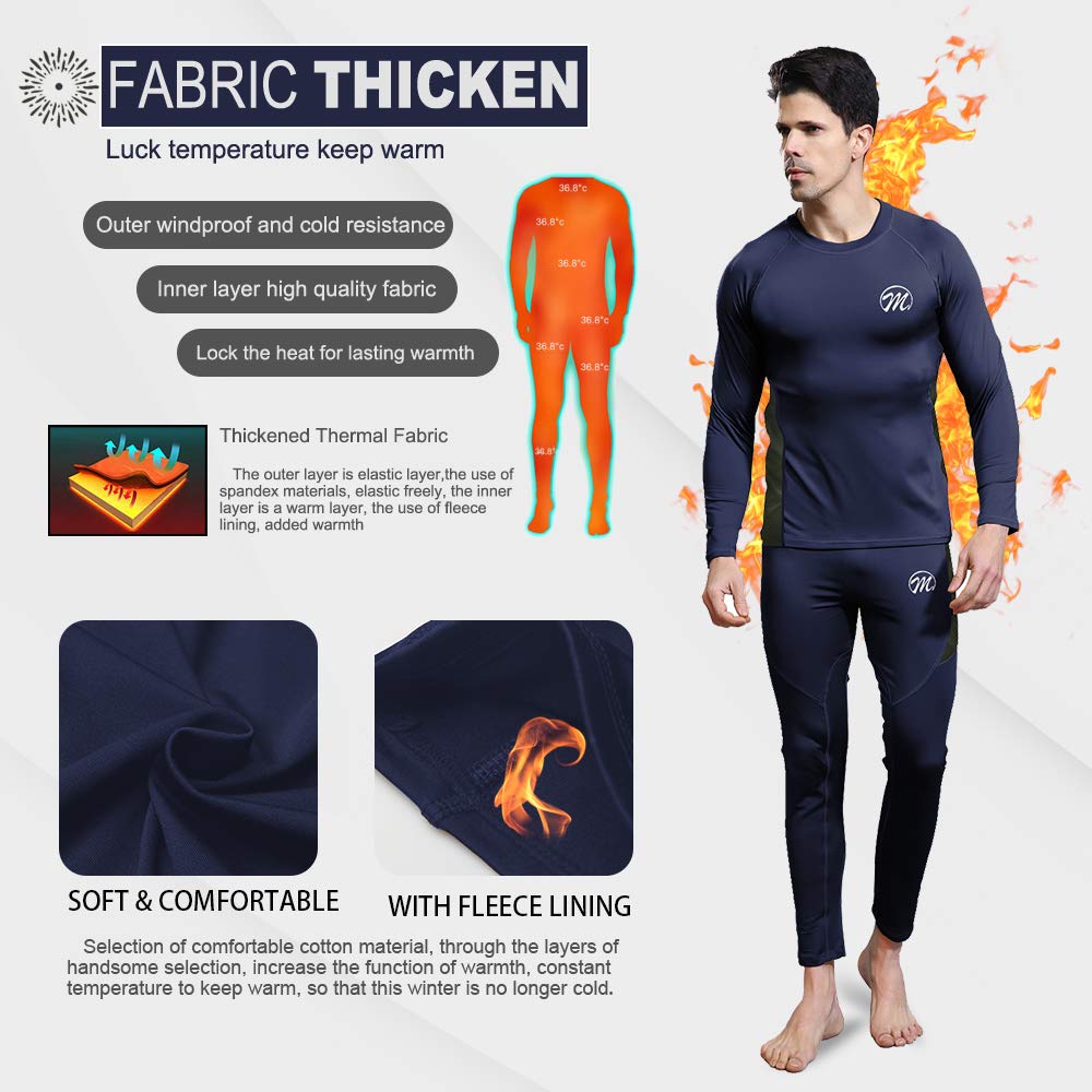 MEETWEE Men's Thermal Underwear Set, Winter Ski Gear Fleece Lined Long Johns Base Layer Warm Top & Bottom for Skiing Blue