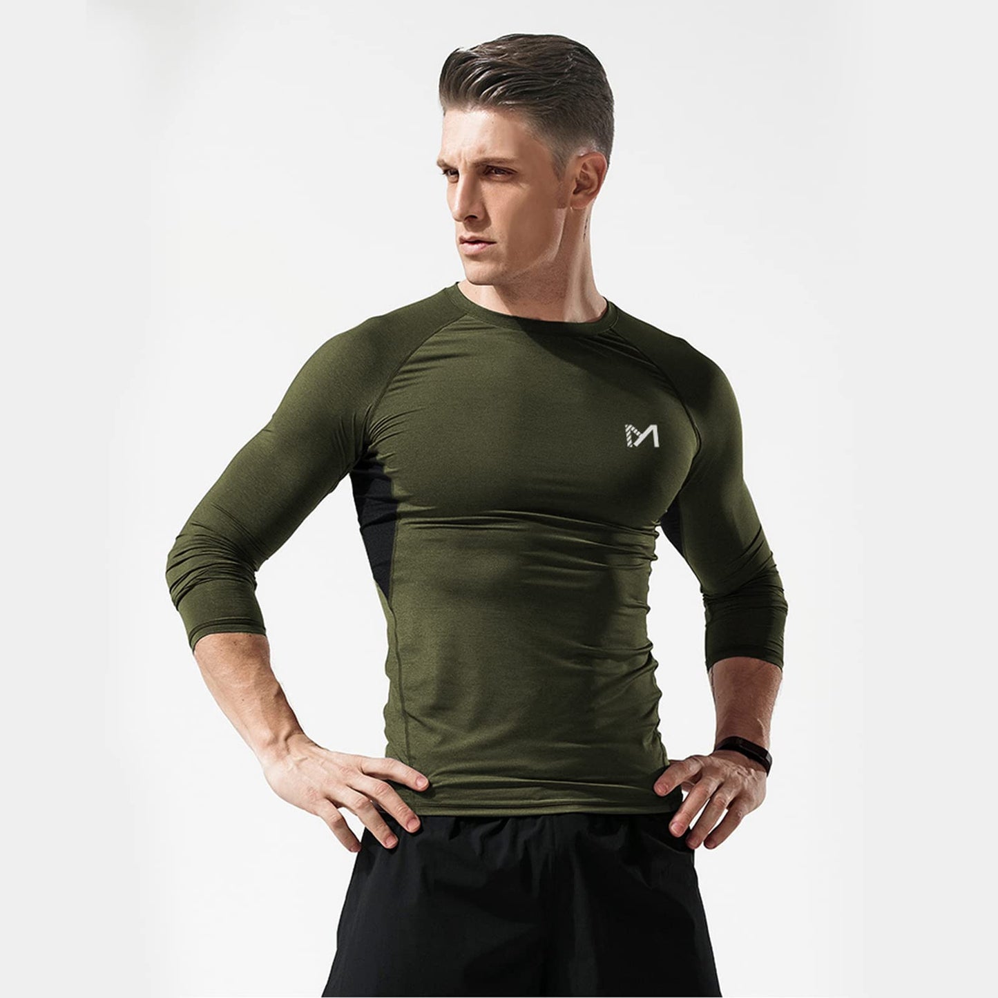 MEETYOO Men's Compression Long Sleeve Athletic Workout Shirt, Green, X-Large
