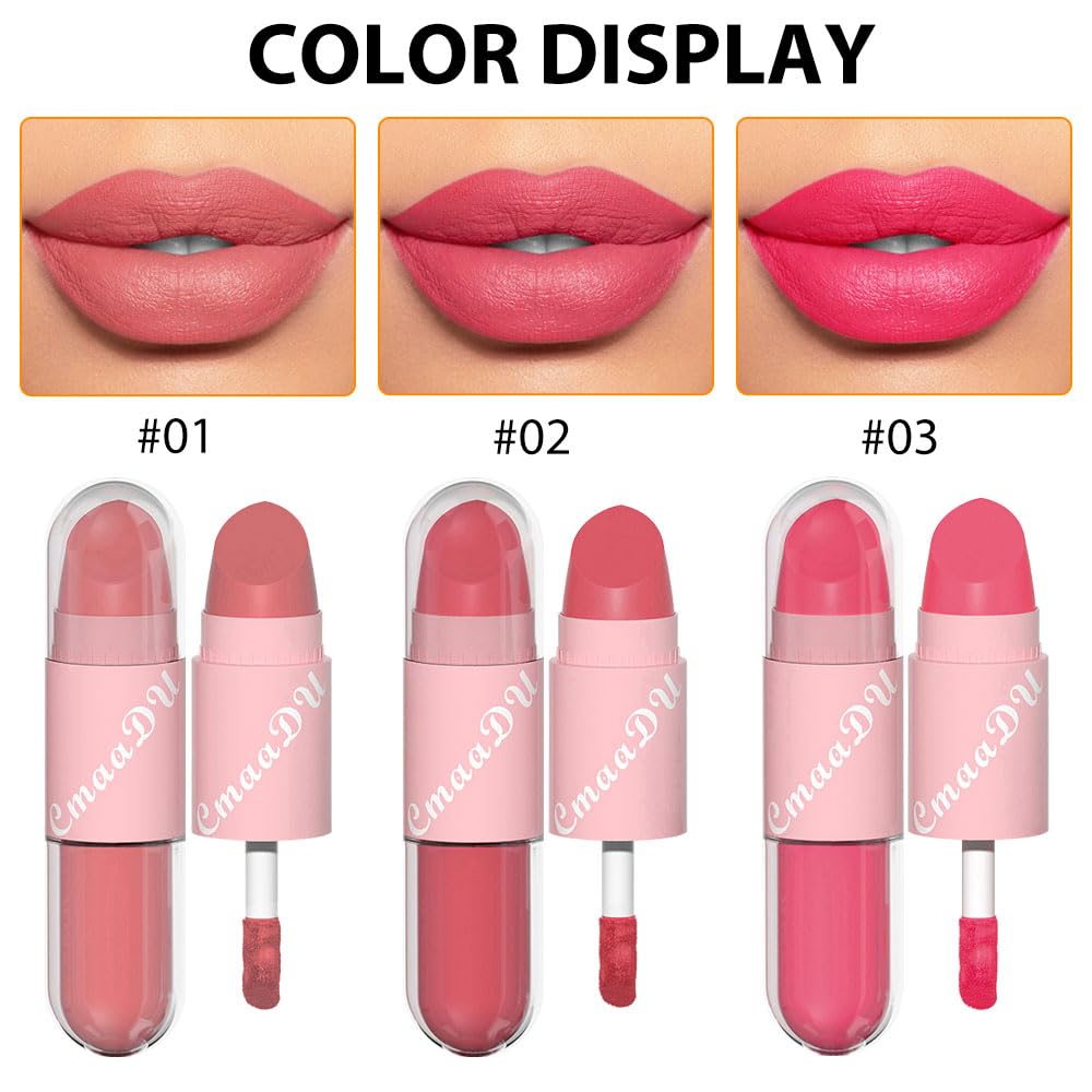 evpct 2 In 1 Matte Lipstick & Long Lasting Smudge Proof Liquid Lipstick Lip Gloss Stain 3Pcs Set for Women Dark Ruby Red Nude Beige Pink Mauve Matte Vegan Long Wear Waterproof 24 Hour Lipstick