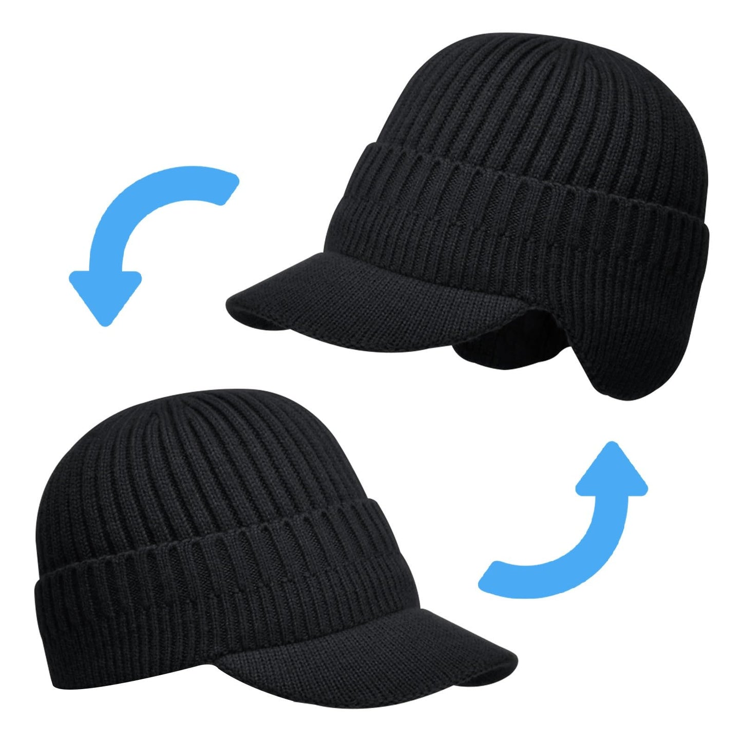 AkiiGer Men's Winter Hat with Brim 2 Pack, Warm Earflaps Hat for Men, Thick Fleece Lined Knit Beanie Outdoor