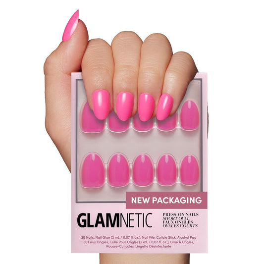 Glamnetic Press On Nails - Hot Pink | Opaque Bright Neon Pink Short Oval Fake Nails, Reusable | 15 Sizes - 30 Nail Kit
