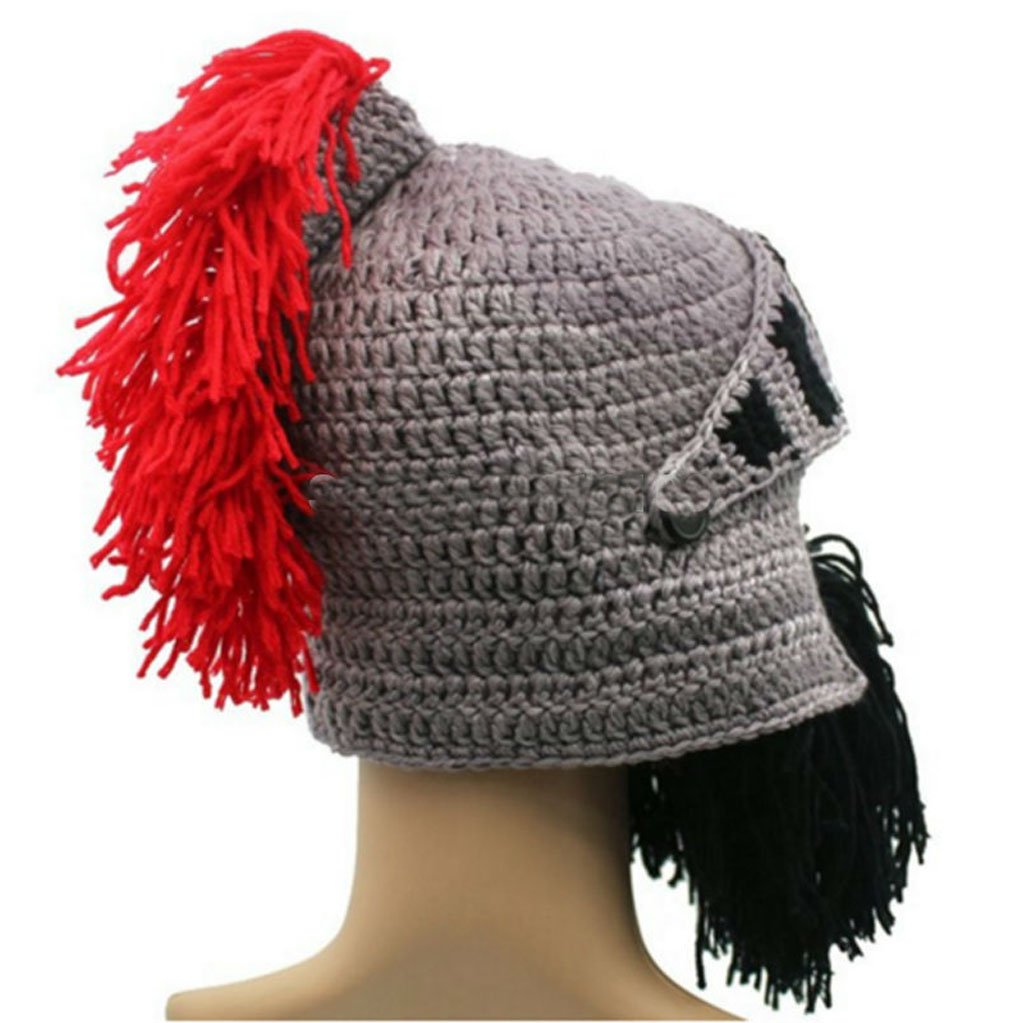 BIBITIME Cosplay Roman Knight Knitted Helmet with Beard Tassel Hat Visor Beanie Winter Ski Sports Warmer Cap (Black Beard Red Tassel, One Size)