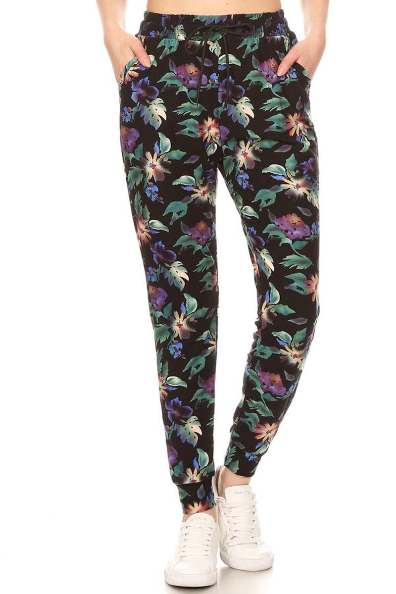 Leggings Depot JGA-R509-M Rainforest Flower Print Jogger Pants w/Pockets, Medium