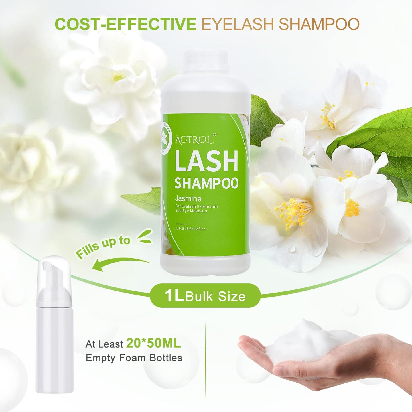 ACTROL Eyelash Extension Cleanser Jasmine 1L Natural Lash Extension Shampoo Professional Eyelid Foaming Cleanser Paraben & Sulfate Free Non-lrritating with Salon and Home Care