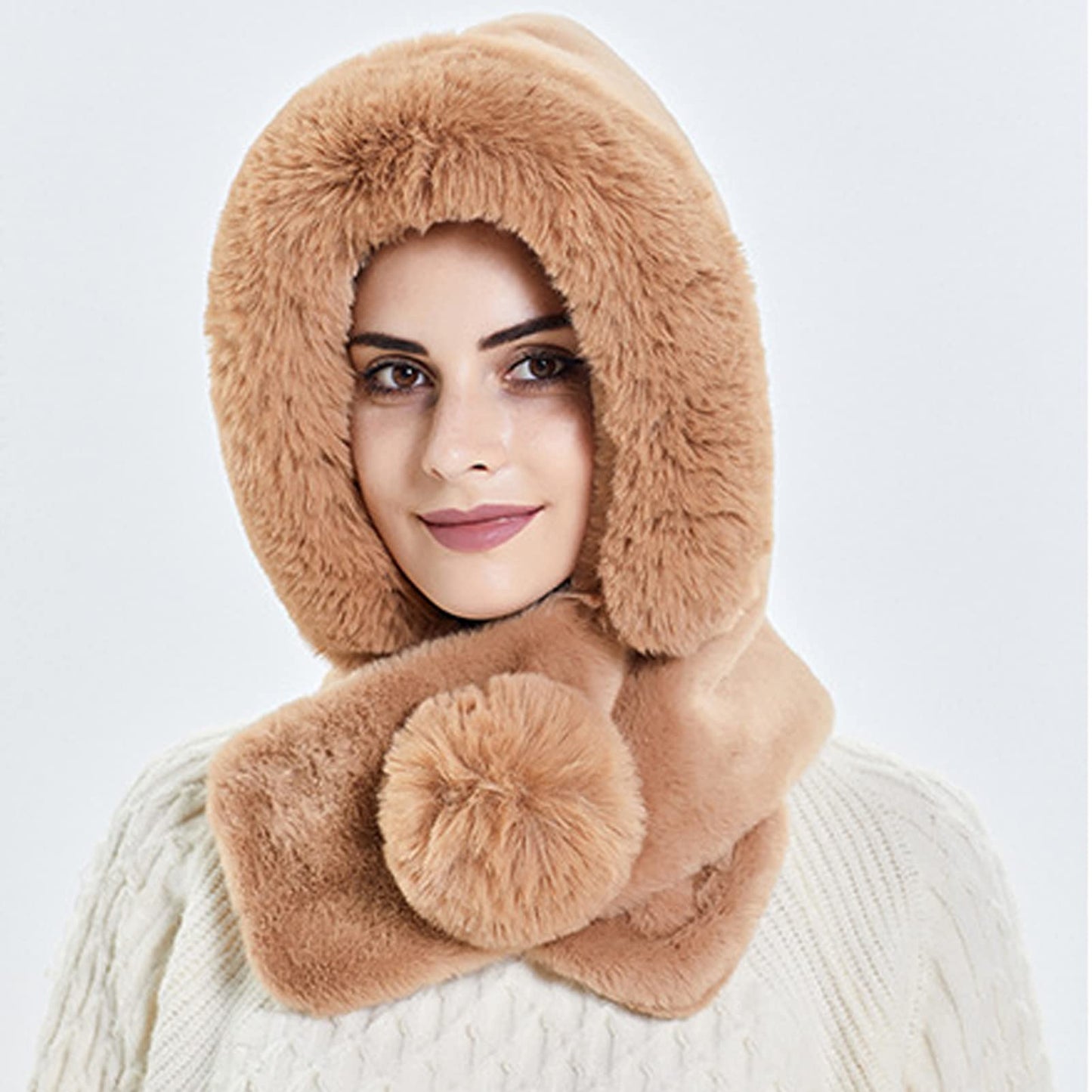 Women's Winter One-Piece Hat Scarf Warm Beanie Faux Fur Hooded Scarf Hat Skull Cap with Pompom