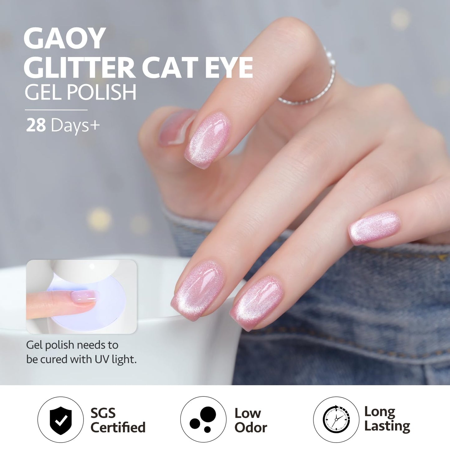 GAOY Cat Eye Gel Nail Polish, 16ml Pink Glitter Holographic Nail Polish with Magnet, Reflective Translucent UV Gel, 2219 Dazzling Pink