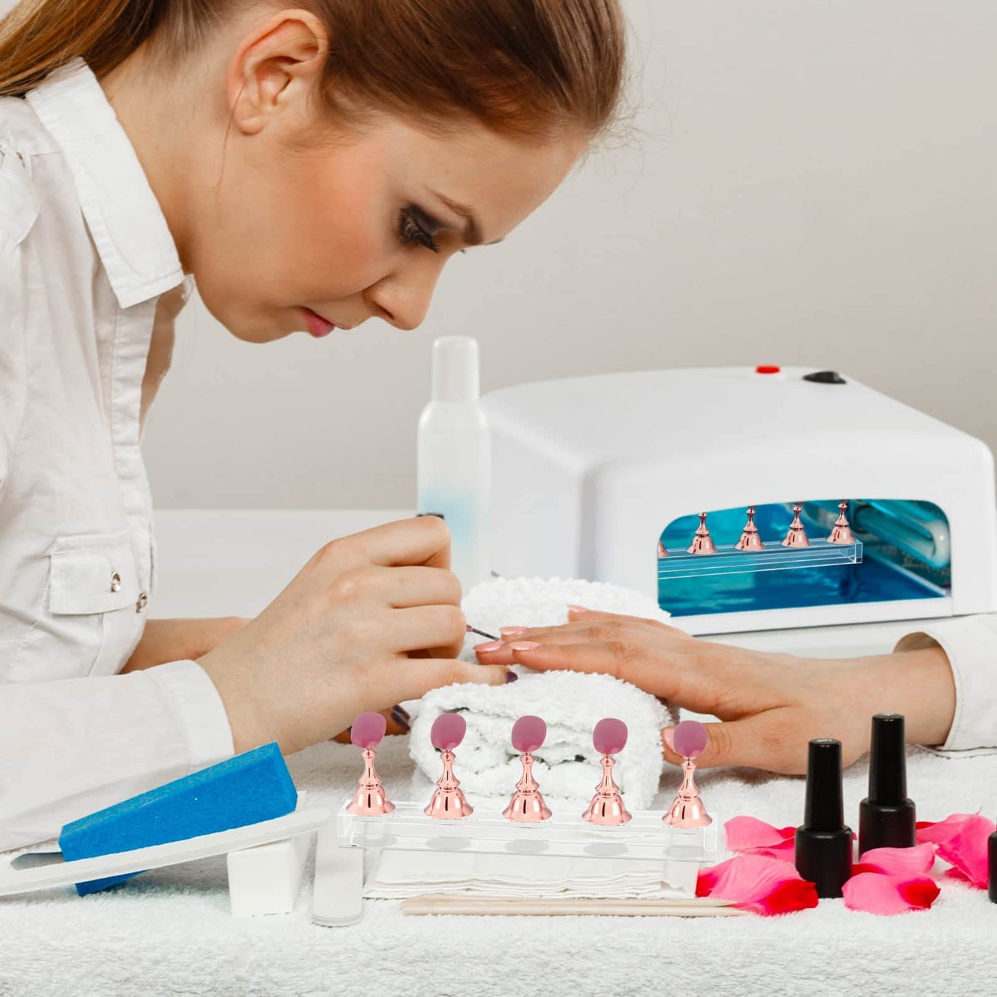 Nail Stand Acrylic Nail Art Display Stand Magnetic Nail Tips Practice Holder 54 Pcs Reusable Adhesive Putty for DIY Painting Nails Stand kit (Rose Gold)