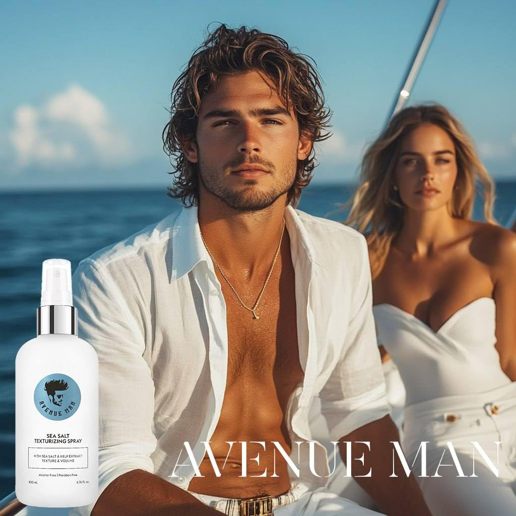 Avenue Man Sea Salt Spray for Men - Texturizing & Thickening Sea Salt Hair Spray for Men with Kelp and Brown Seaweed Extract - Paraben, Sulfate-Free - Add Volume and Texture Beach Hair Spray 6.76 Oz