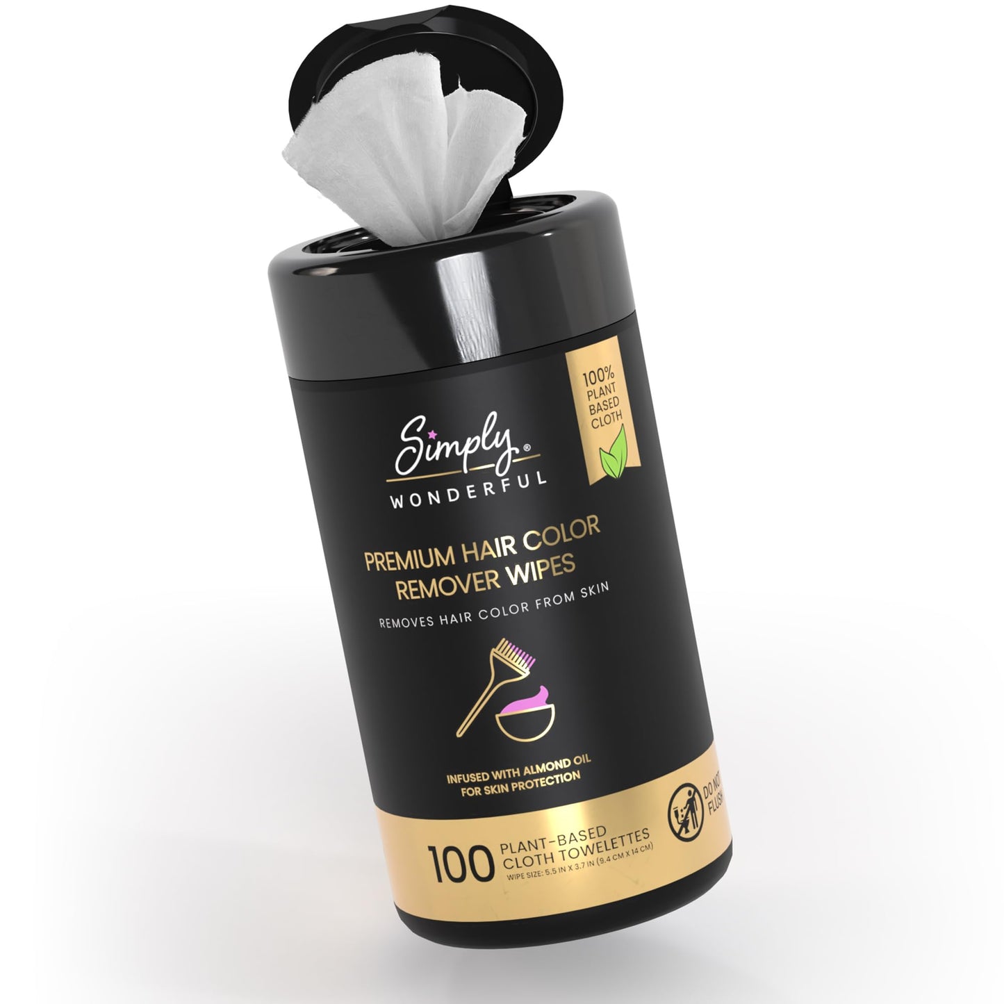 Simply Wonderful Hair Color Remover Wipes for Face & Skin - 100 Count Plant-Based Cloth Towlettes, Non-Irritating Almond Oil Infused for Skin Protection