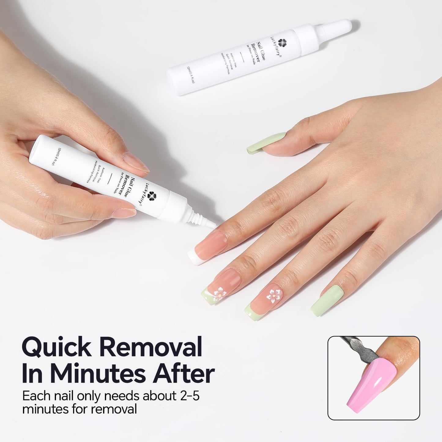 Luckyfairy Nail Glue Remover for Press on Nails Semi Solid Nail Glue Acetone-Free, Not for Gel Polish Base Coat, 2Pcs 12ml