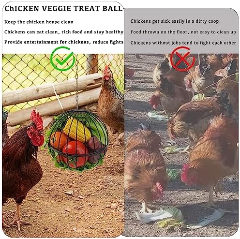 Hanging Chicken Feeder - 7.1 Inch Large Iron Chicken Veggie Treat Ball - Sturdy Chicken Treat Holder with 15.7 Inch Hanging Chain - Black