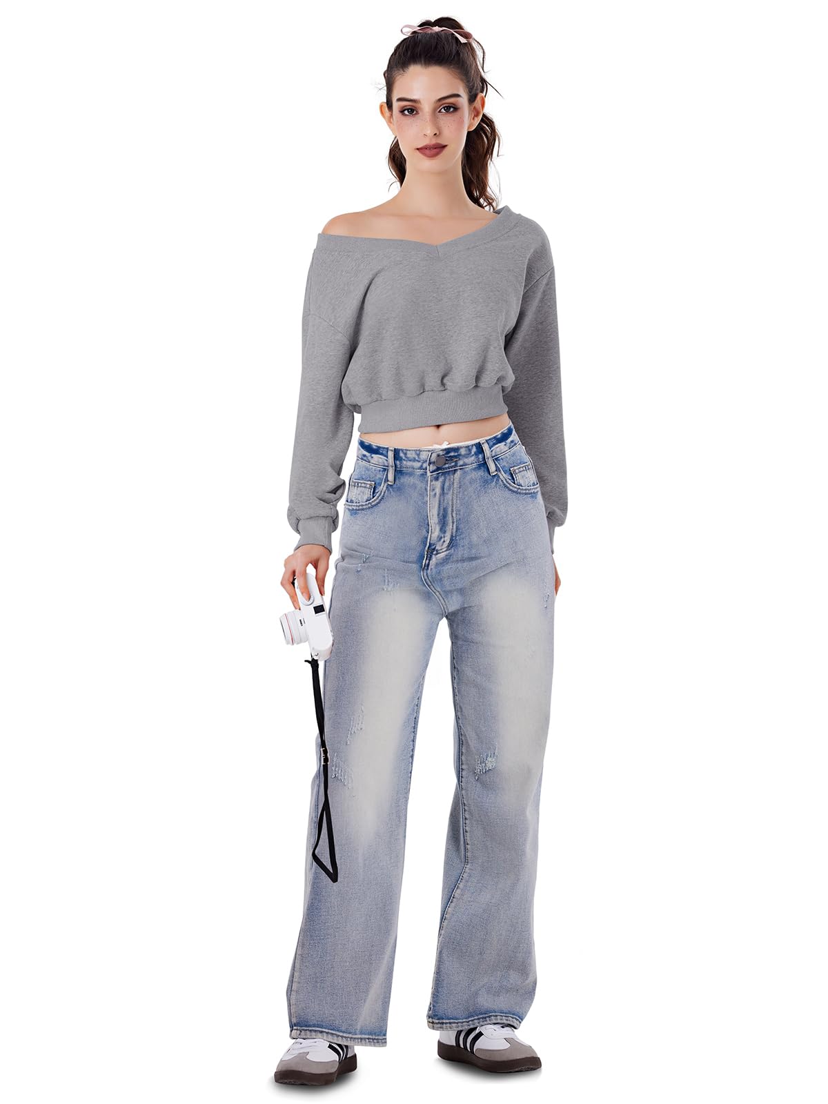 REORIA Womens Cropped Oversized Sweatshirts V Neck Long Sleeve Pullover 2024 Fall Teen Girls Y2K Fashion Crop Tops Grey