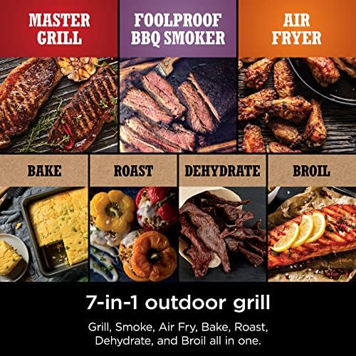 Ninja OG751 Woodfire Pro Outdoor Grill Built-In Thermometer,7-in-1 Master Grill,BBQ Smoker,& Outdoor Air Fryer Plus Bake,Roast,Dehydrate & Broil,Woodfire Technology,Weather-Resistant,Grey XL