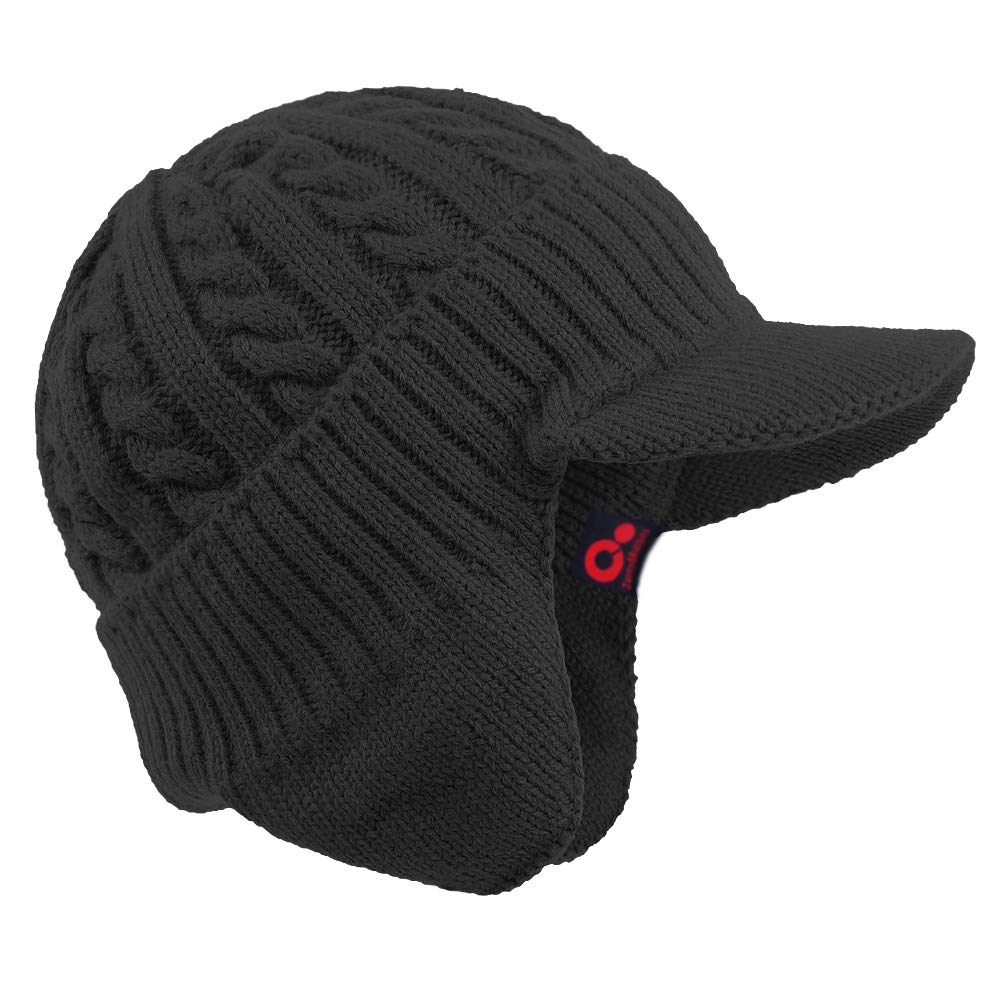 Women's Winter Cable Knitted Visor Beanie Fleece Lining Ear Flap Baseball Cap Hunting Trapper Hat with Billed (Black), One Size-Medium