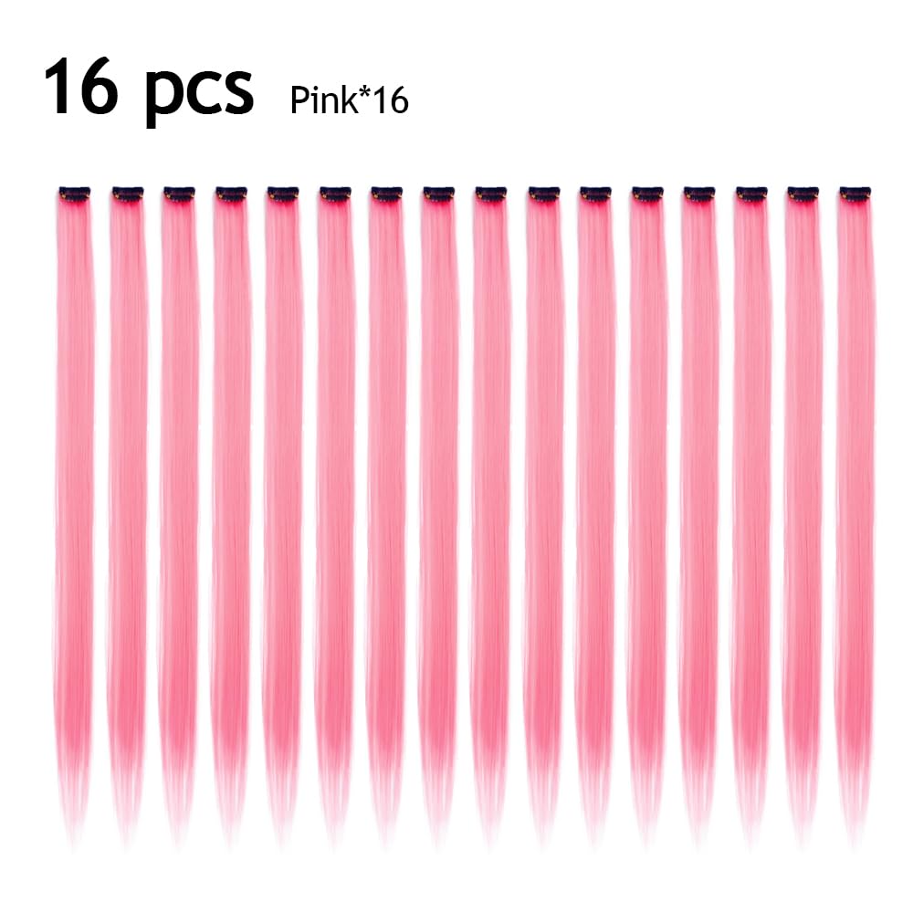 KGBFASS Colored Clip in Hair Extensions 20Inch Straight Syntactic Pink Color Hairpiece Rainbow Party Highlights for Women Girls Kids 16Pcs (Pink Ⅱ)