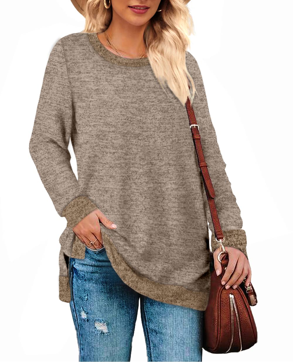 Long Sweatshirts for Women Crewneck Oversized Warm Sweaters Winter Coffee Medium