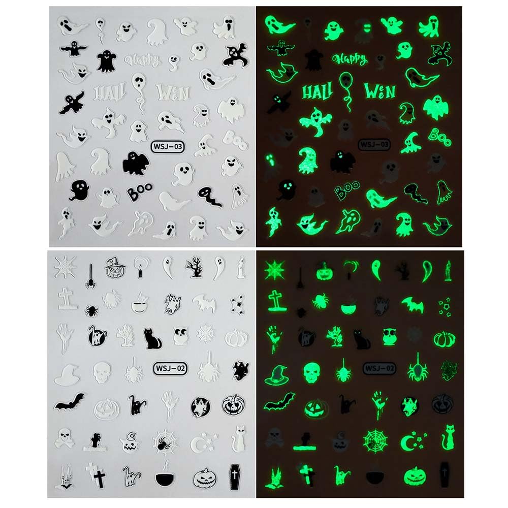 12 Sheets Halloween Nail Stickers Decals Skull Ghost Nail Decals Bat Spider Web Nail Stickers for 3D Adhesive Nail Art Stickers Pumpkin Nail Decals with Design Glow in The Dark for Women Decorations