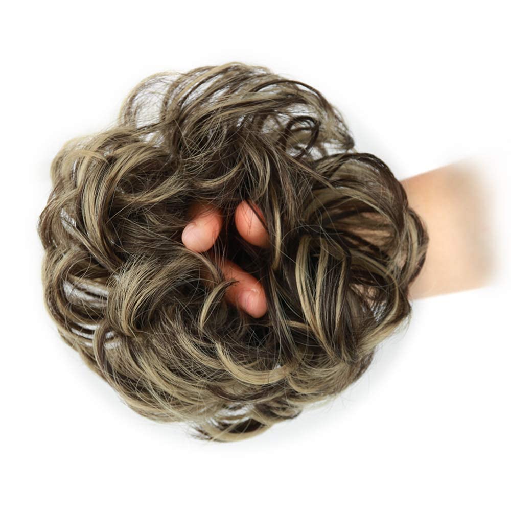MORICA 1PCS Messy Hair Bun Hair Scrunchies Extension Curly Wavy Messy Bun Hair Synthetic Chignon Hairpieces for Women(Dark Brown & Ash Blonde)