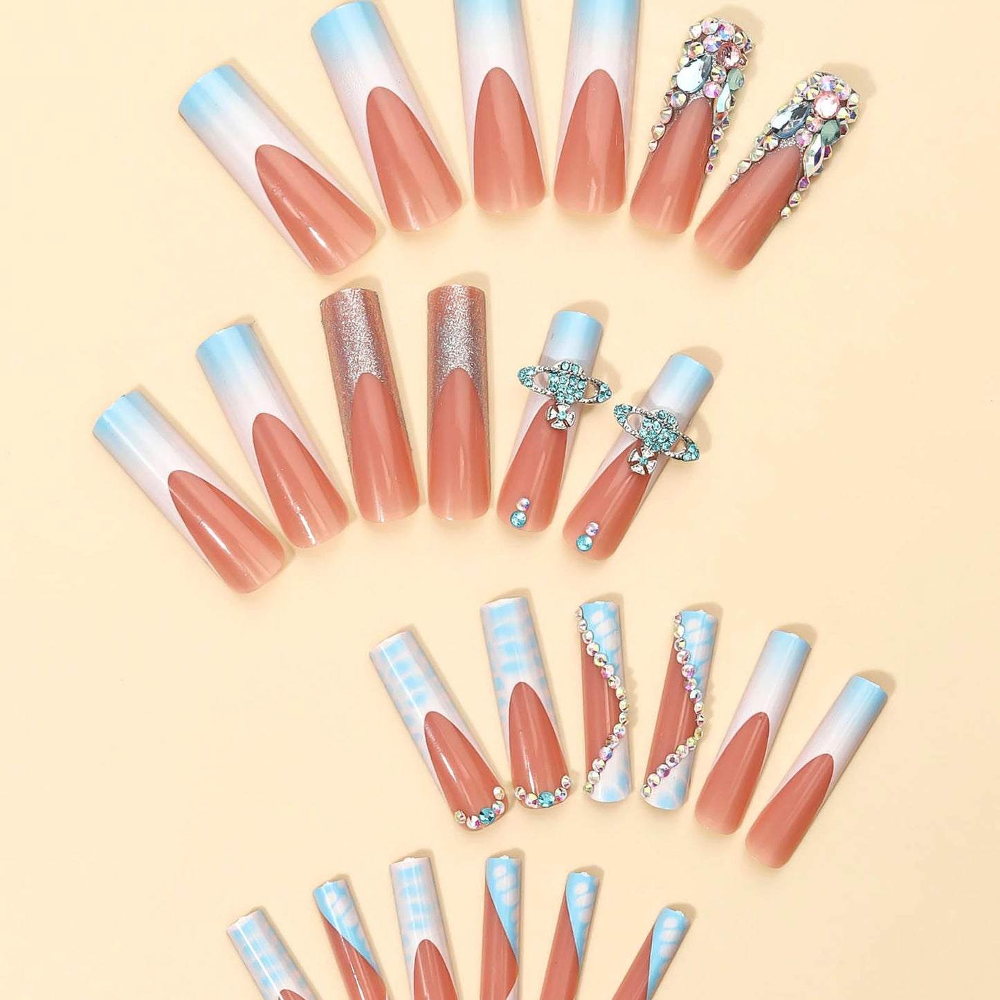 RUOKEXIN Long Square Press on Nails French Tip Fake Nails Blue Ombre False Nails with Rhinestones Designs Long Square Nail Press ons Glitter Glue on Nails Cute Stick on Nails for Women 24Pcs