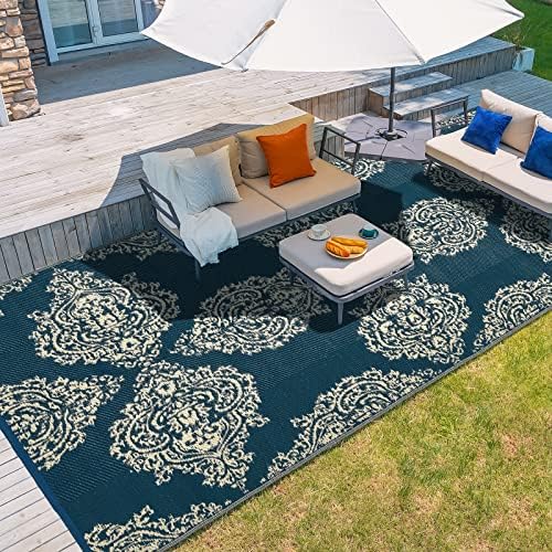 wikiwiki Outdoor Rug, 5x8ft Waterproof Reversible Mat Indoor Outdoor Rugs Carpet, Small Area Rug Plastic Straw Rug for Patio Deck Balcony Pool RV Camping Beach Picnic, Blue & Beige, Rugscape Series