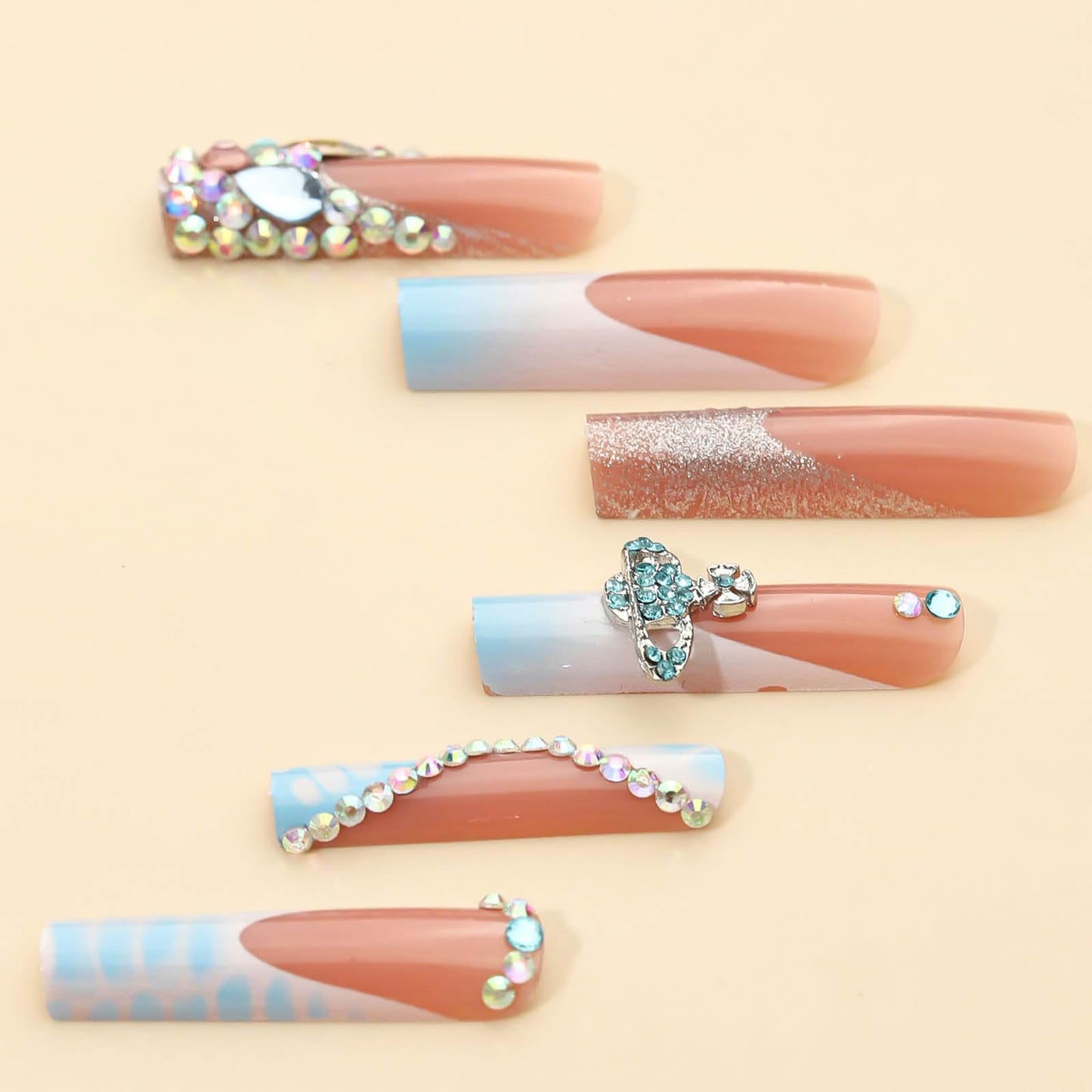 RUOKEXIN Long Square Press on Nails French Tip Fake Nails Blue Ombre False Nails with Rhinestones Designs Long Square Nail Press ons Glitter Glue on Nails Cute Stick on Nails for Women 24Pcs