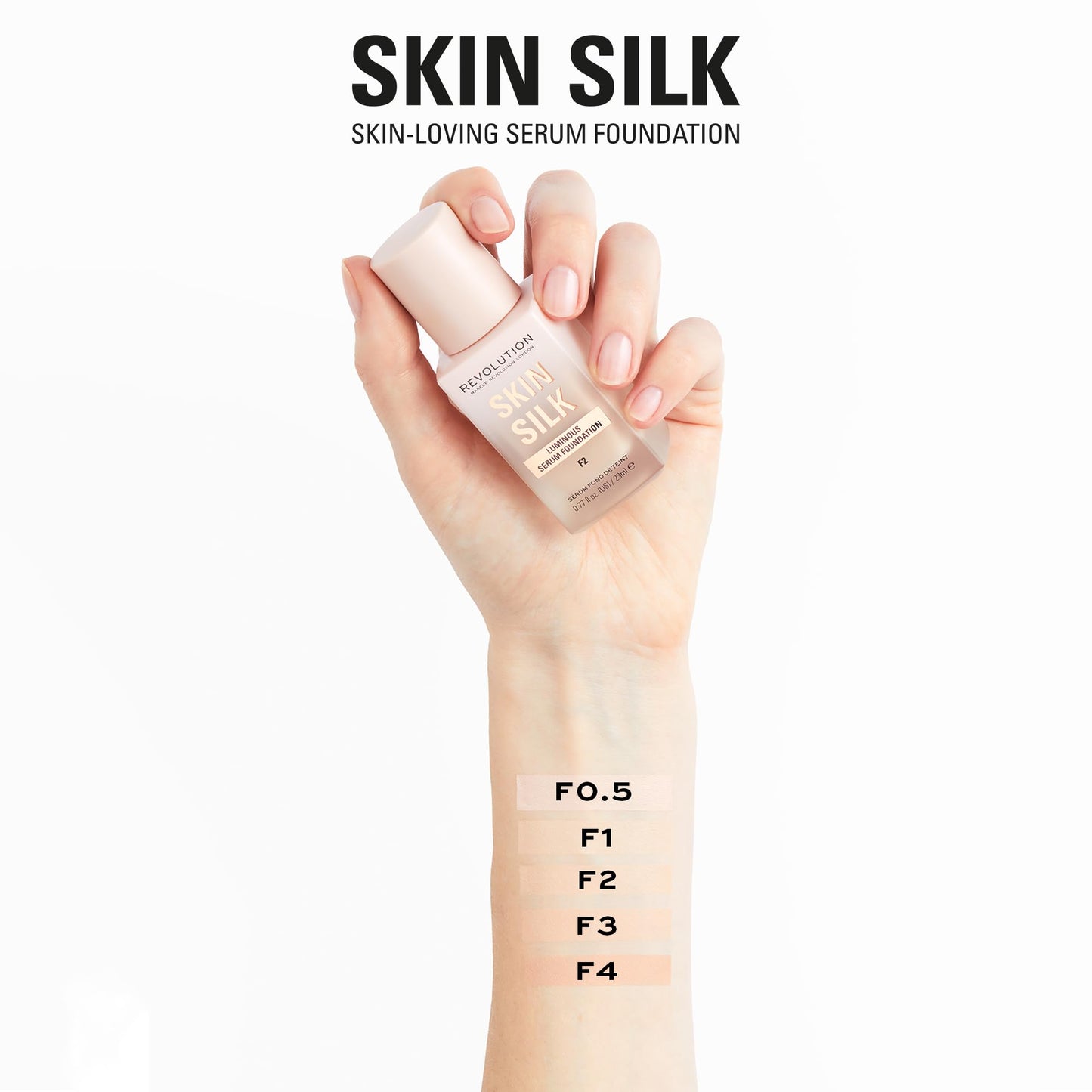 Revolution Beauty, Skin Silk Serum Foundation, Light to Medium Coverage, Lightweight & Radiant Finish, Contains Hyaluronic Acid, F3 Light Skin Tones, 0.77 Fl. Oz.