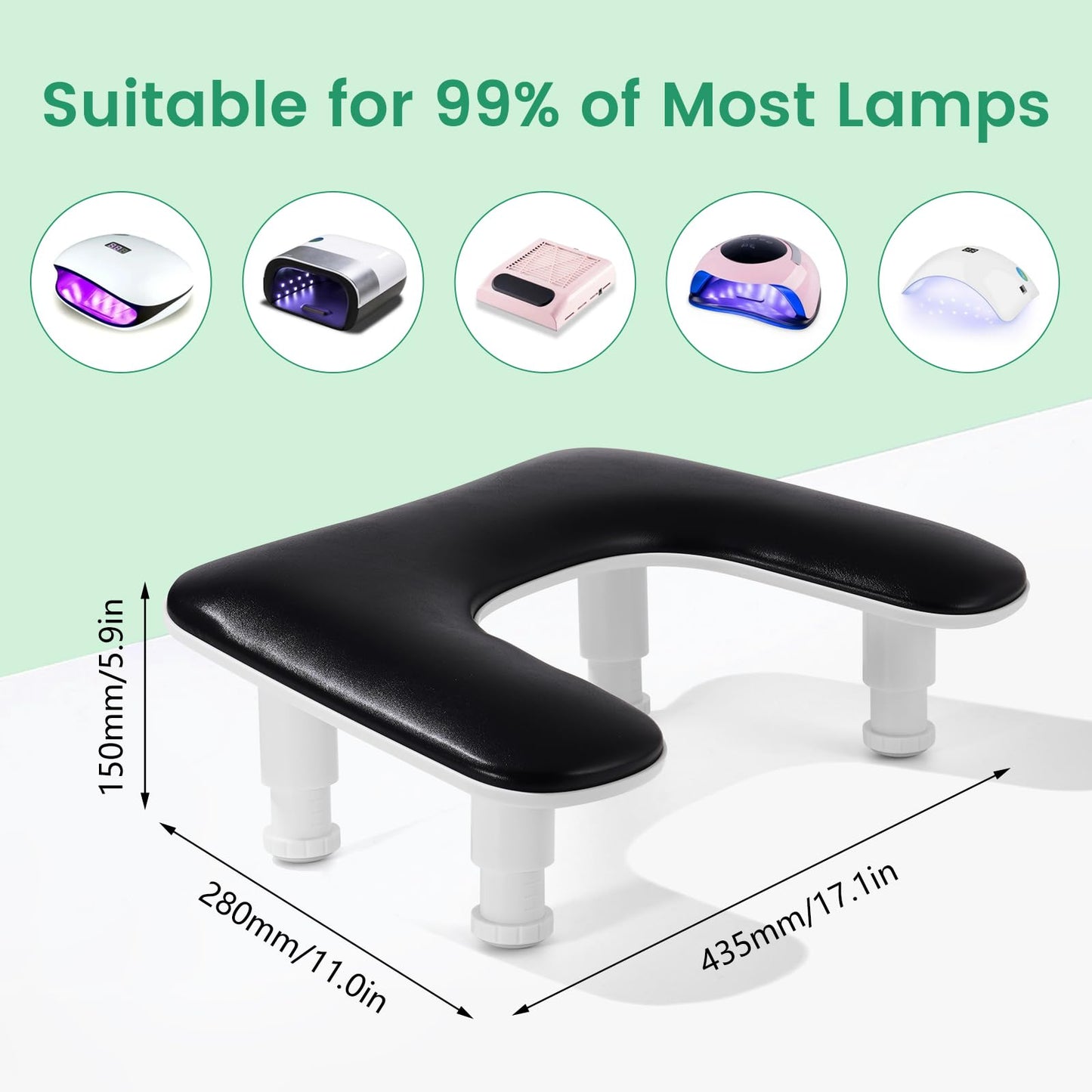 Big Arm Rest for Nails Tech: 2nd Generation U-Shaped Manicure Nail Arm Rest Stand Height Adjustable Armrest Microfiber PU Leather Hand Rest Pillow for Acrylic Nails (Black)