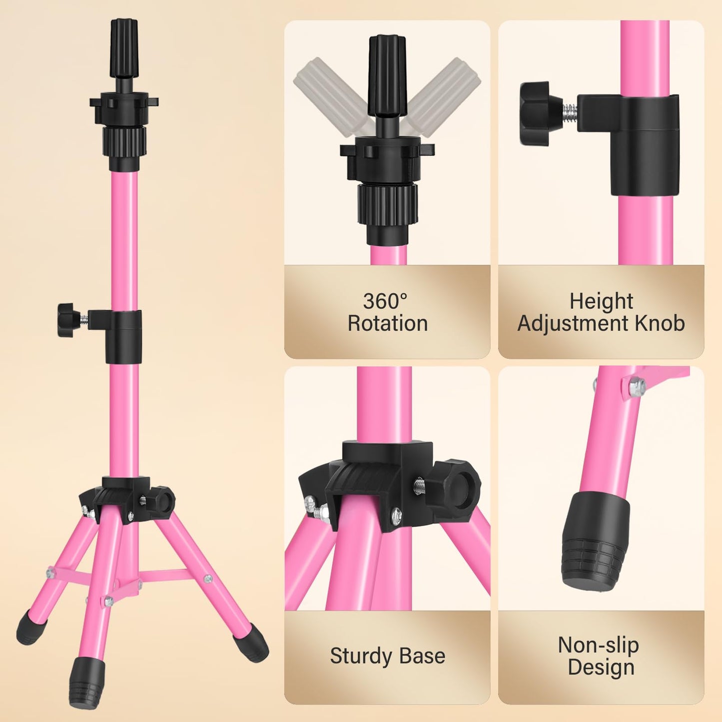 ZQIAN BEAUTY MINI Wig Stand Tripod, 25 Inch Adjustable Mannequin Head Stand, Wig Head Stand for Training Heads And Canvas Block Head (Pink, Mannequin Head Not Included)