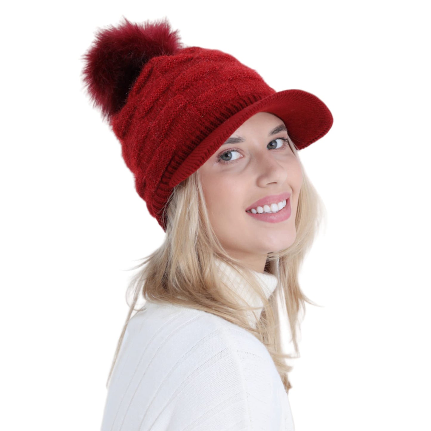 Caviotess Winter Women Girls Knitted Hats Warm Knit Snow Ski Visor Beanie Skull Cap with Faux Fur Pom Pom Ball