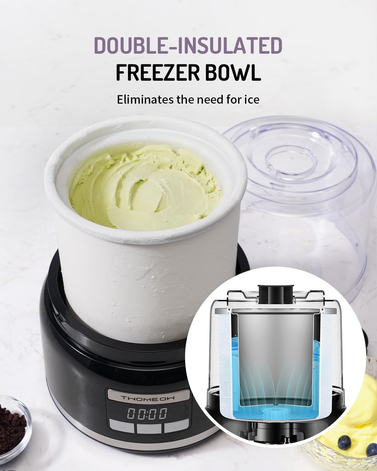 TWOMEOW Ice Cream Maker, Automatic 2 Quart Ice Cream Machine with Timer, Double Insulated Freezer Bowl Homemade Ice Cream, Frozen Yogurt, Gelato, Sorbet Maker for Home, Black