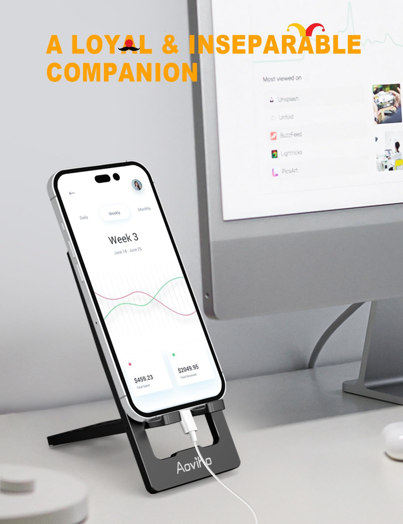 Aoviho Ultra - Thin Portable Phone Stand: Foldable & Space - Saving, Fits 3.7-7 inch Devices, Black