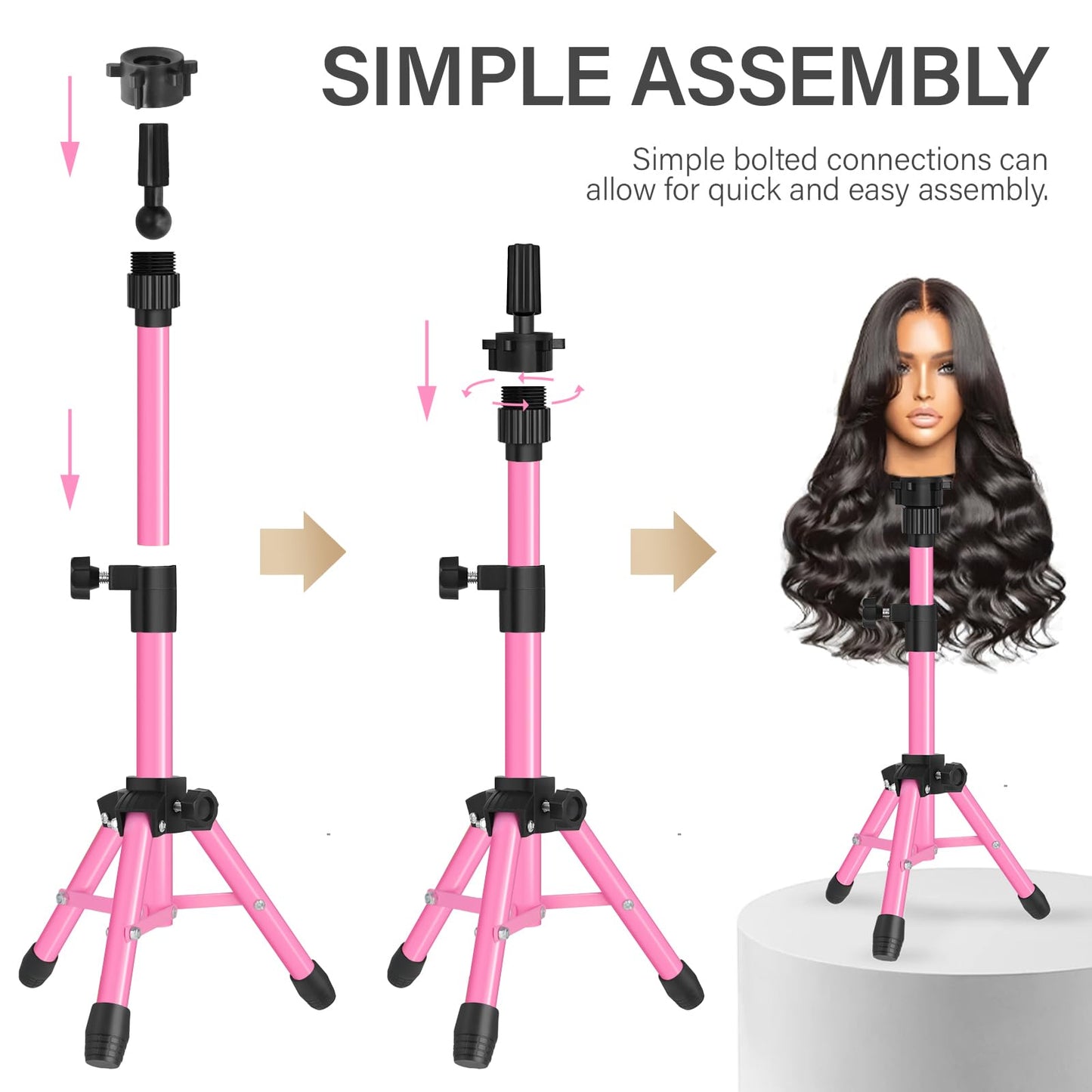 ZQIAN BEAUTY MINI Wig Stand Tripod, 25 Inch Adjustable Mannequin Head Stand, Wig Head Stand for Training Heads And Canvas Block Head (Pink, Mannequin Head Not Included)
